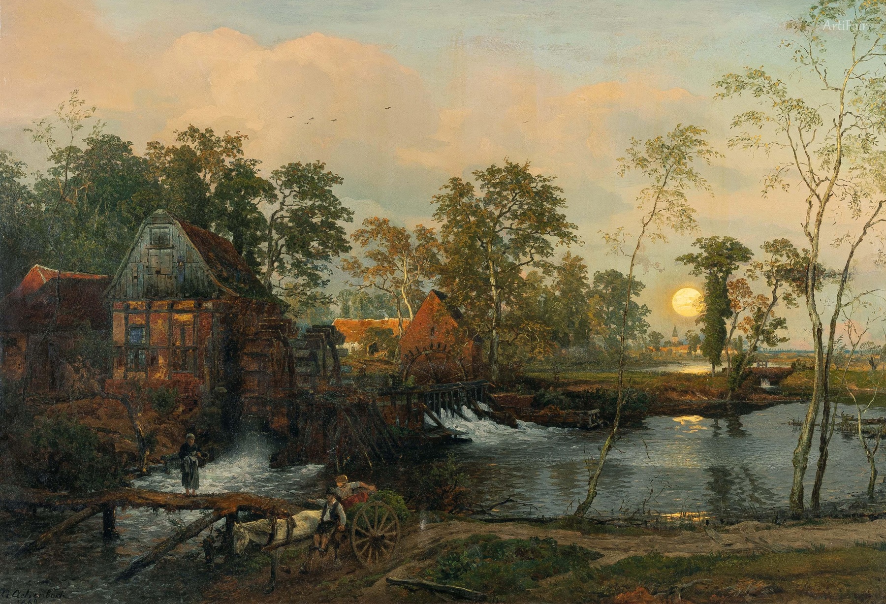 Full moon landscape with water mill