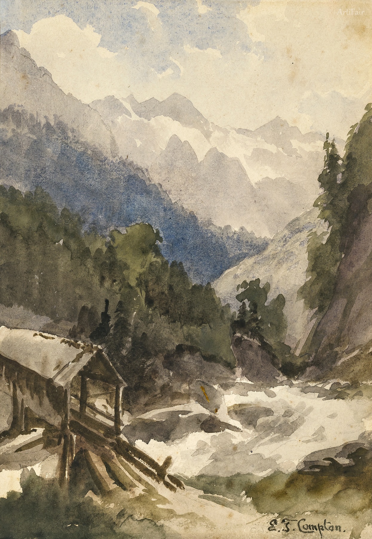 Mountain Stream with Bridge