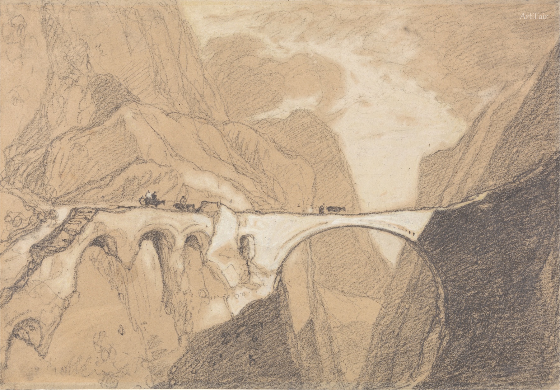 Travellers Crossing a Bridge over an Alpine Gorge