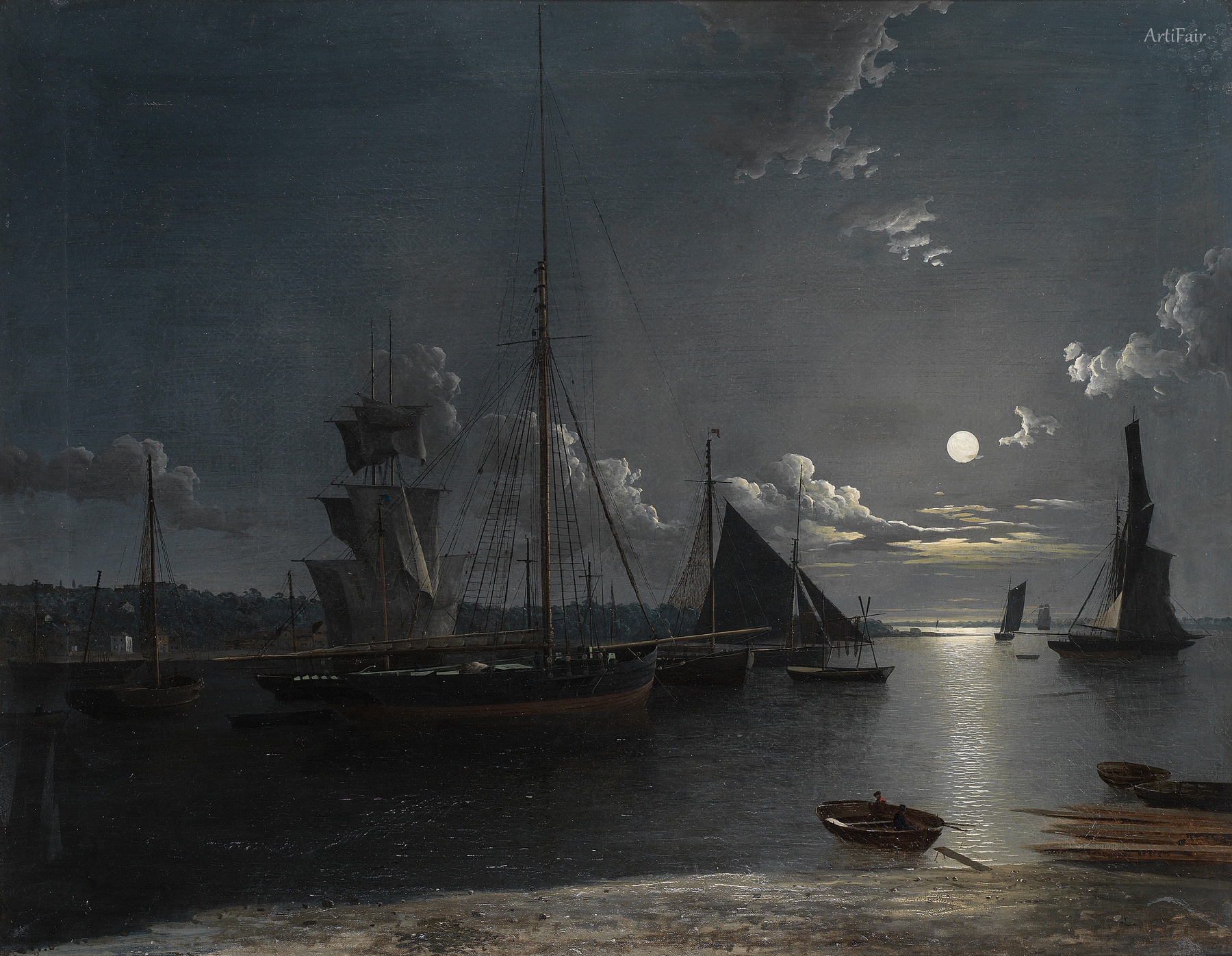 Fishing and other vessels on a moonlit estuary