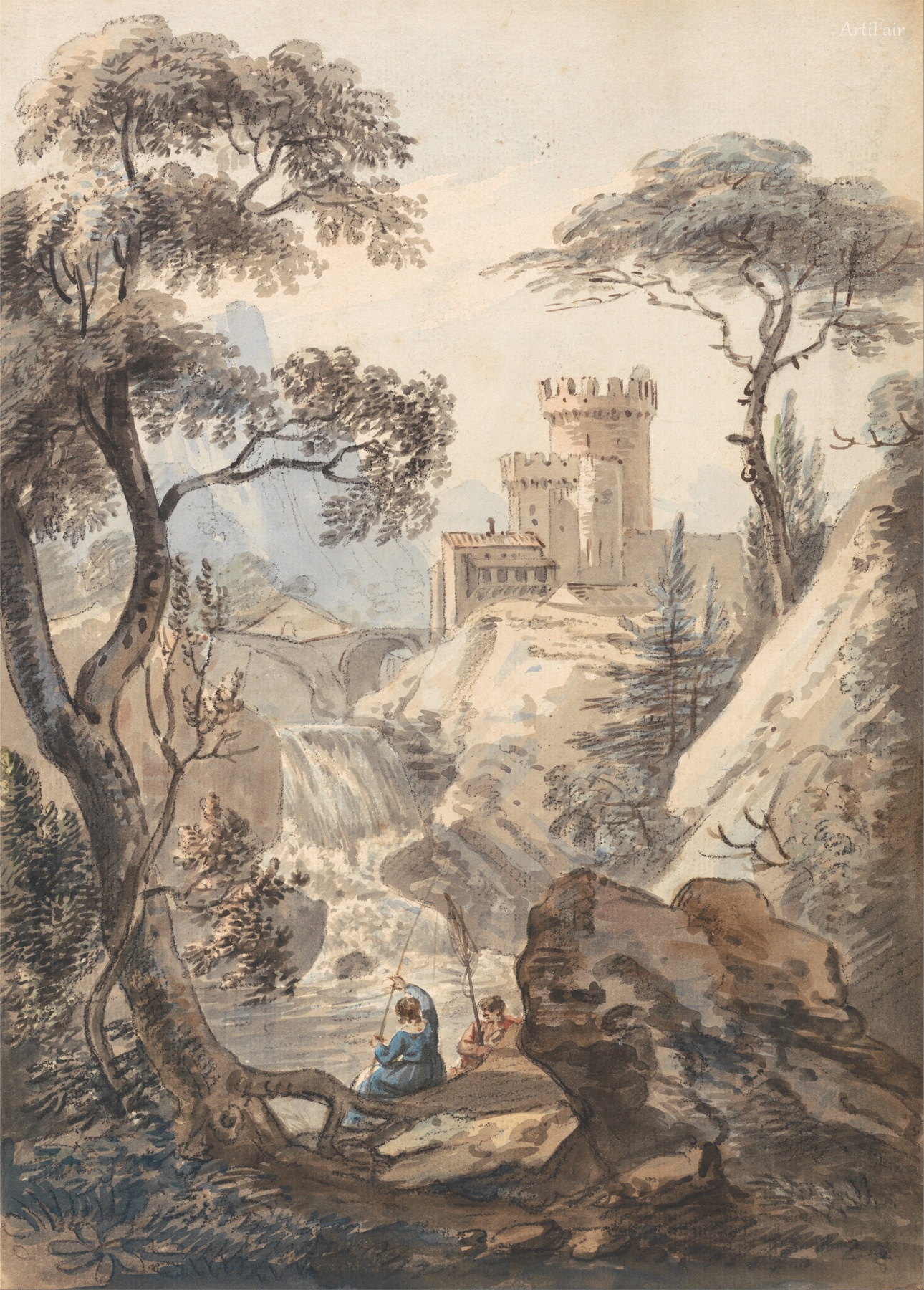 Italianate Landscape with Castle, Cascade and Anglers