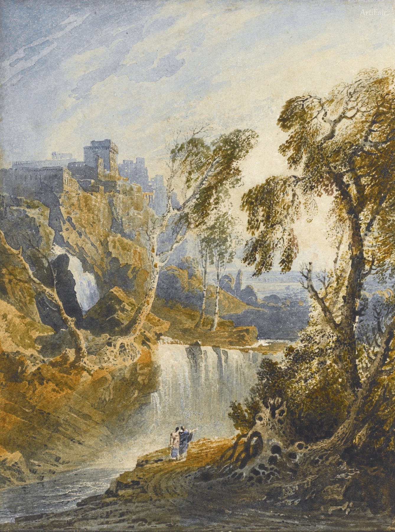 Figures by a Waterfall, a Town on a hill beyond