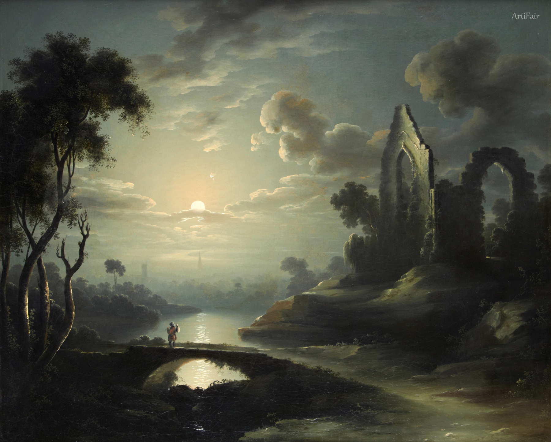 Traveler in a moonlit riverscape