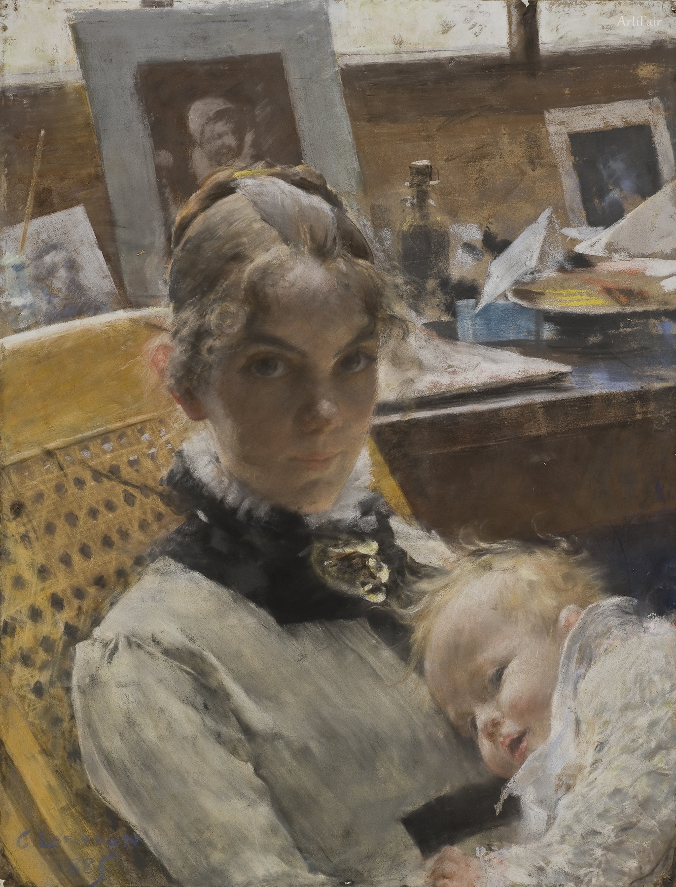 A Studio Idyll. The Artist's Wife and their Daughter
