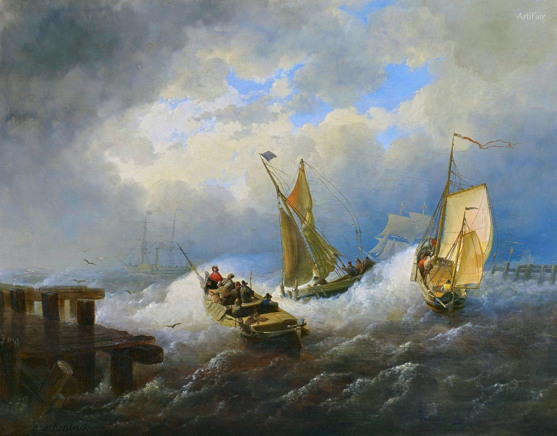 Three Boats in Stormy Weather by the Mole