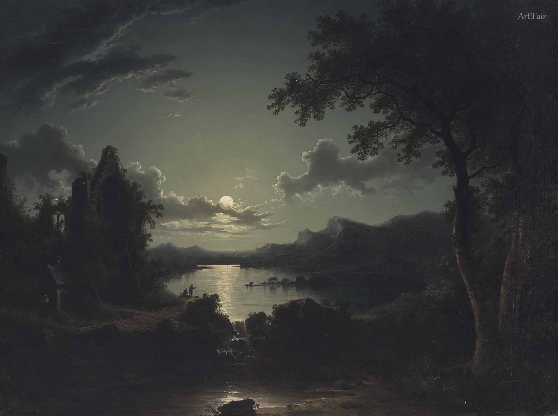 A Moonlit Lake Landscape with a Waterfall, a Ruined Abbey and Fishermen on a Promontory