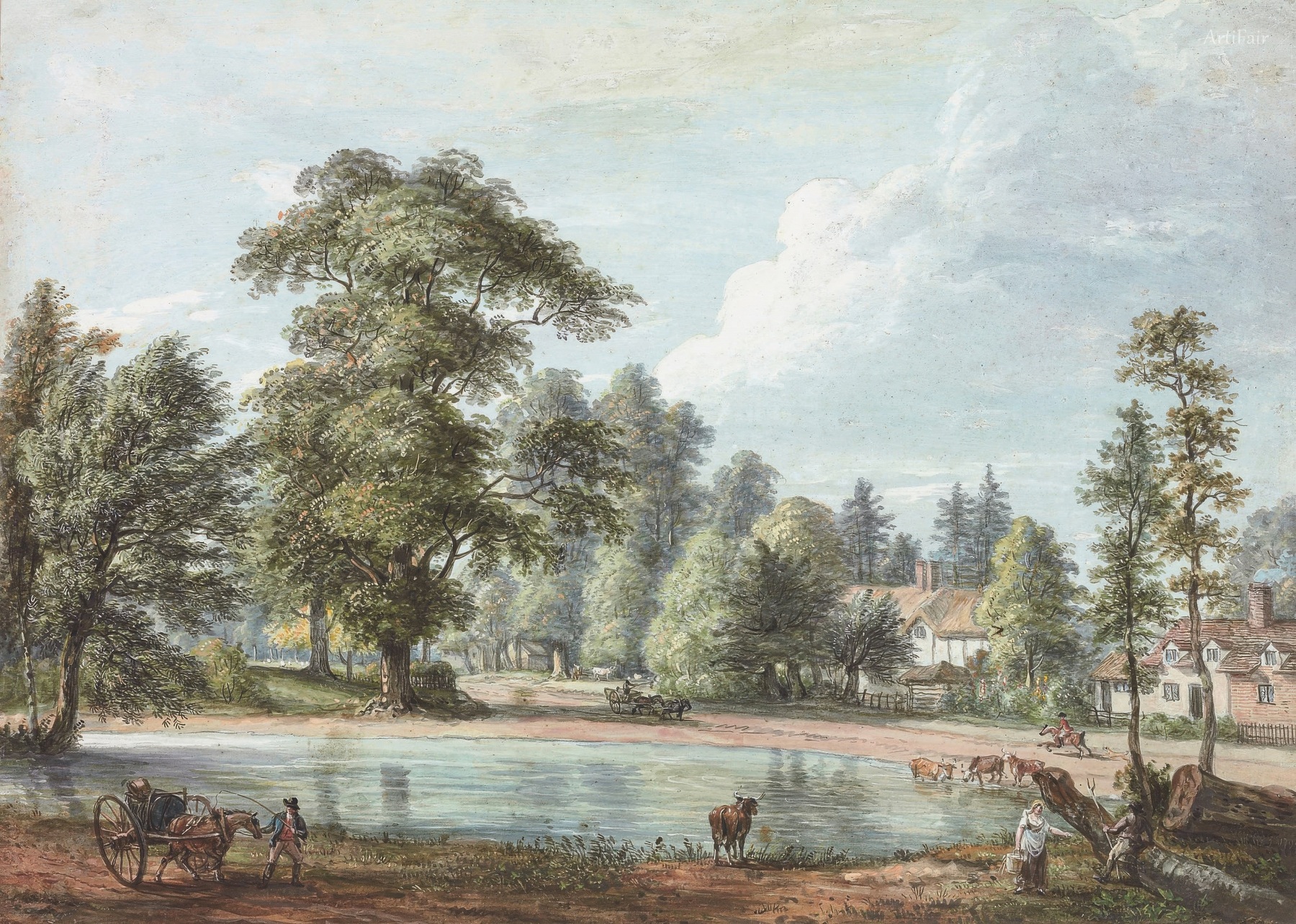 Vesnický rybník s pasoucím se dobytkem, pravděpodobně Nuneham Courtenay, Oxfordshire 1794