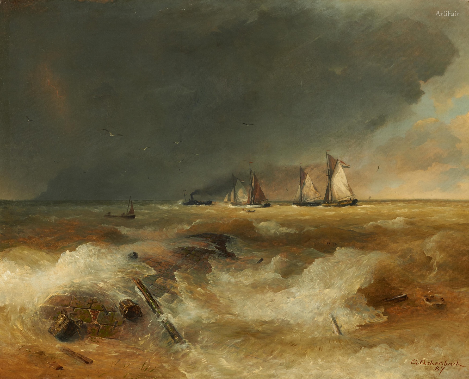 Sailing Ships and Steamboat in an Incoming Storm