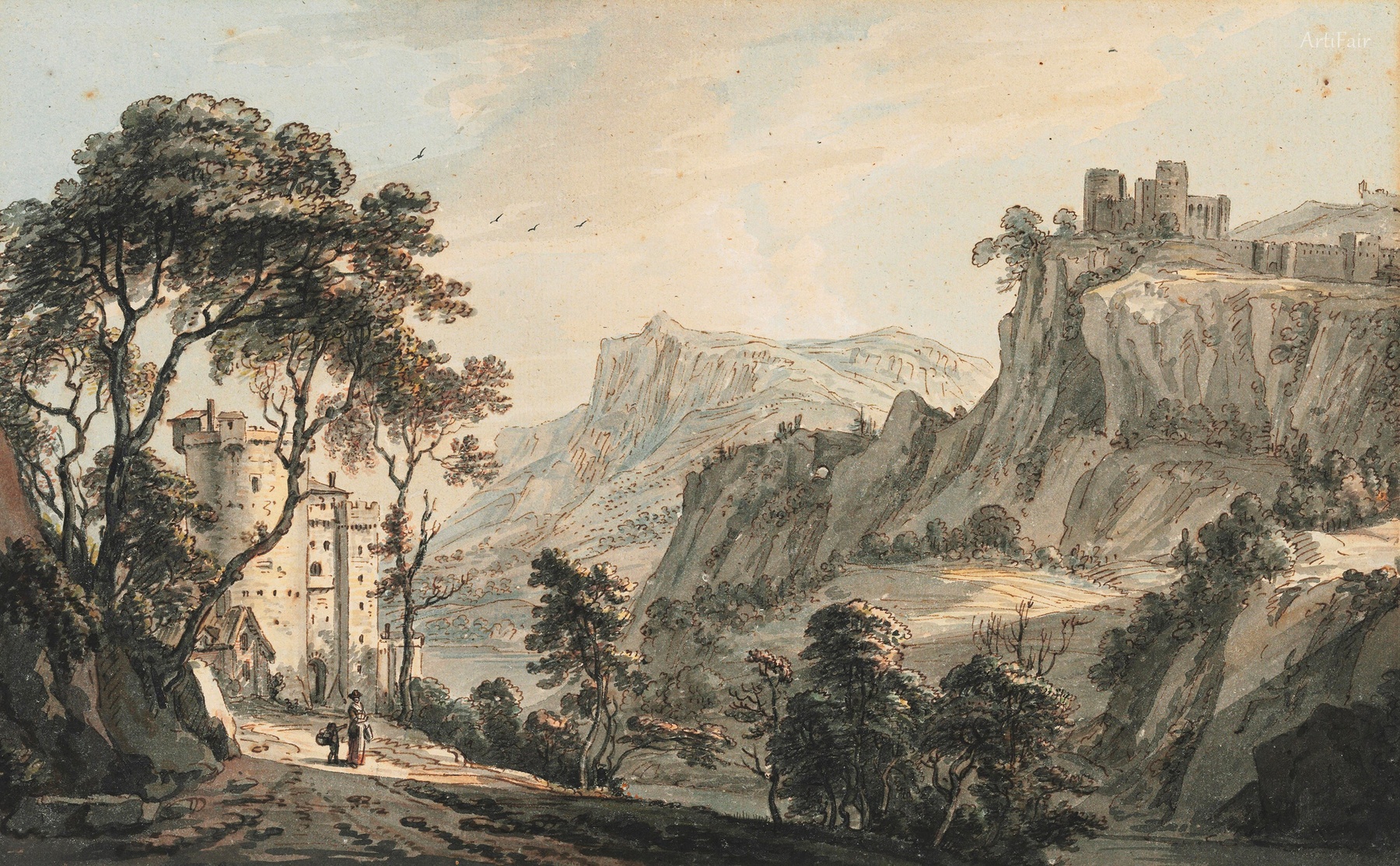 A capriccio Welsh landscape with figures outside a castle