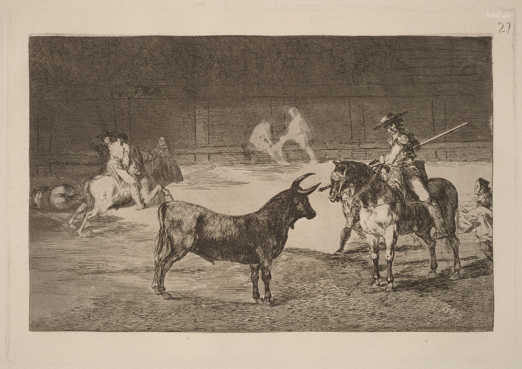 The Celebrated Fernando del Toro, a 'barilarguero', forcing the beast with his staff