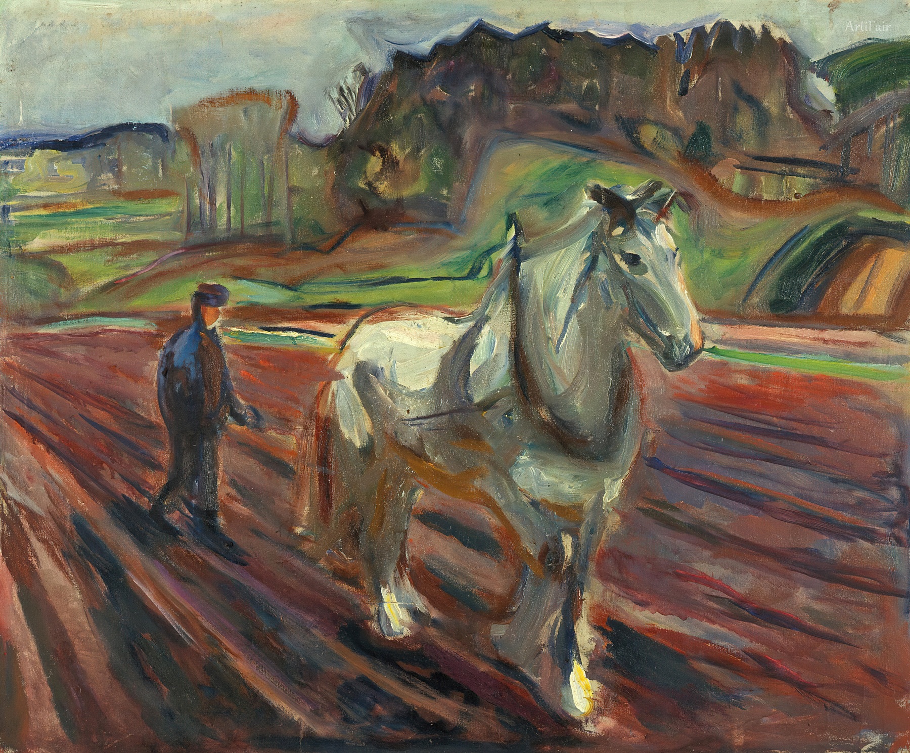 Man Ploughing with a White Horse