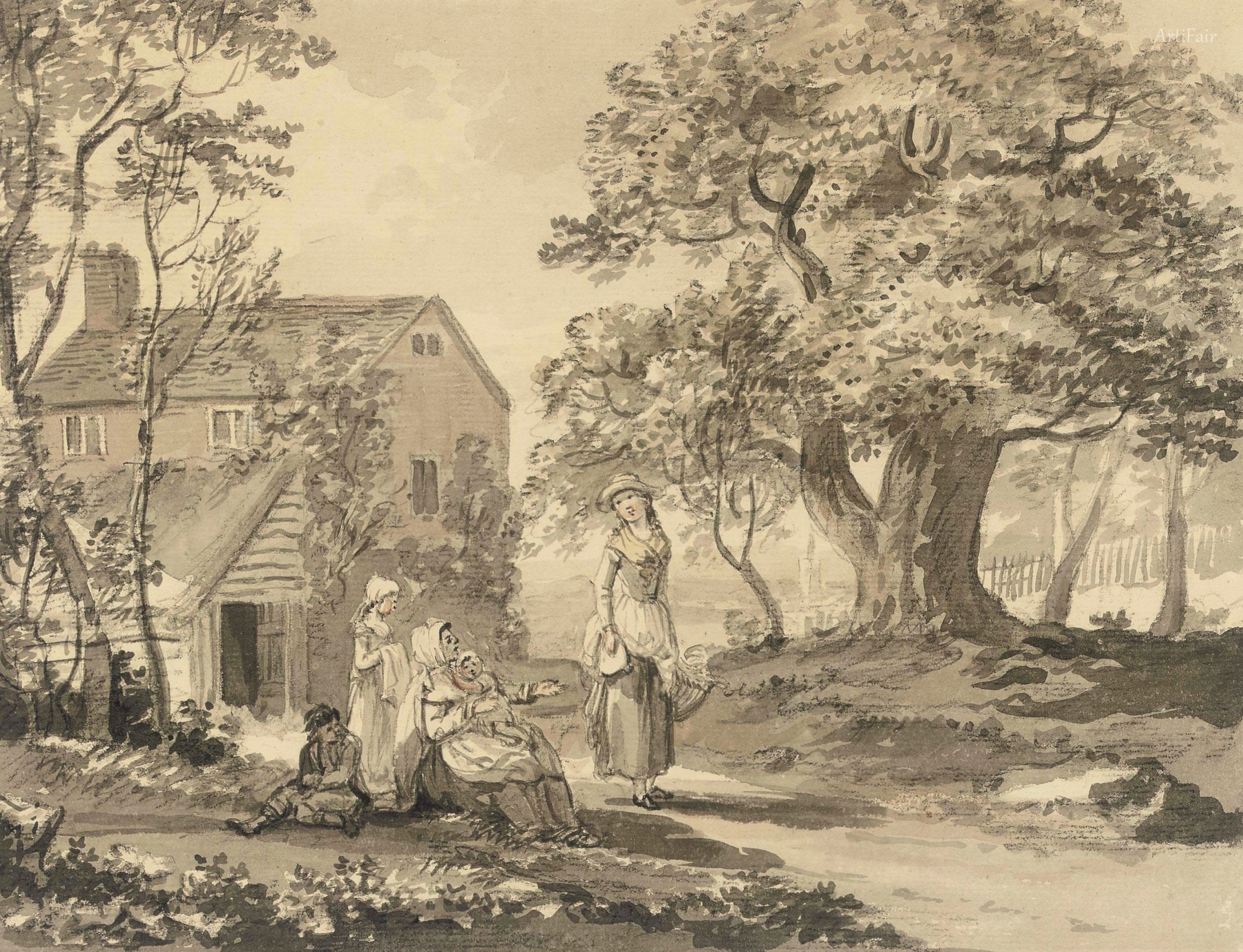 A mother with her children asking for money by a country lane