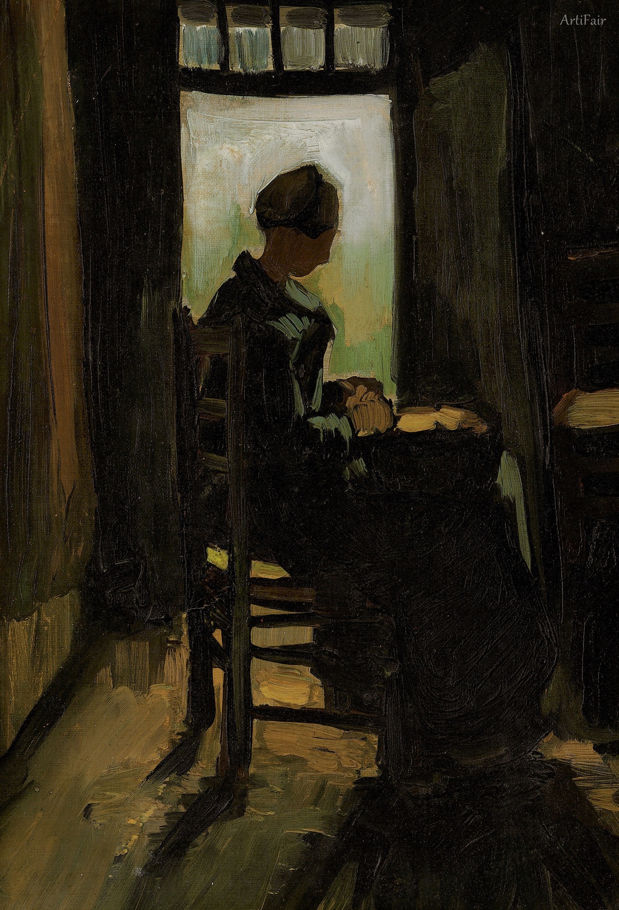 Peasant woman seated before an open door, peeling potatoes