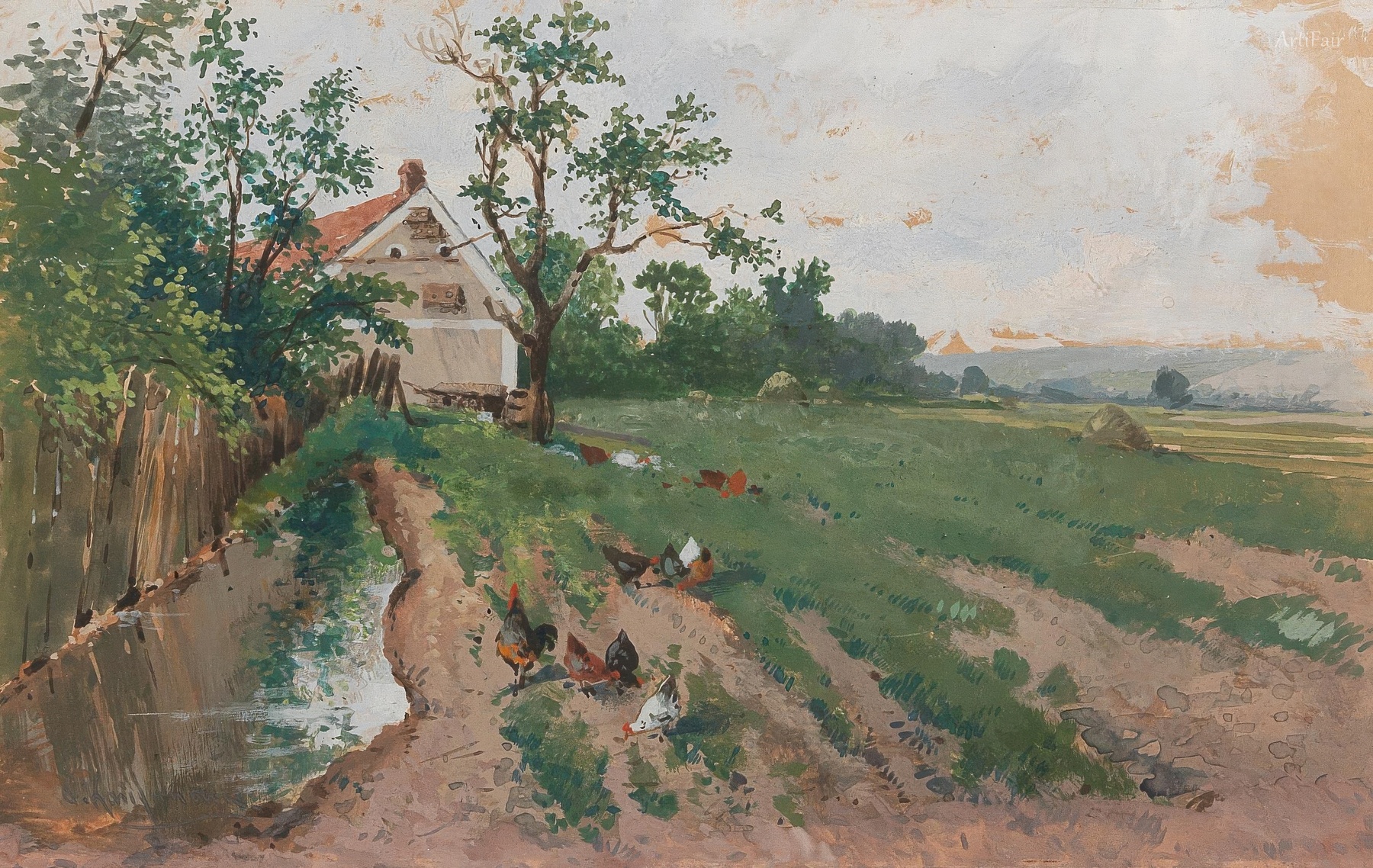 Barn, Wet Field and Chickens