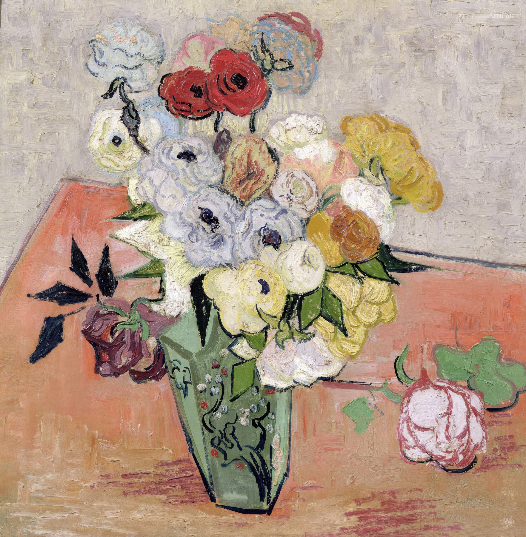 Japanese Vase with Roses and Anemones
