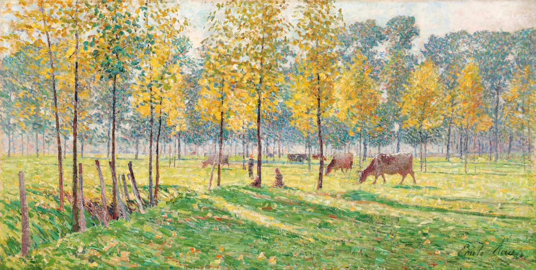 Cowherds under poplars