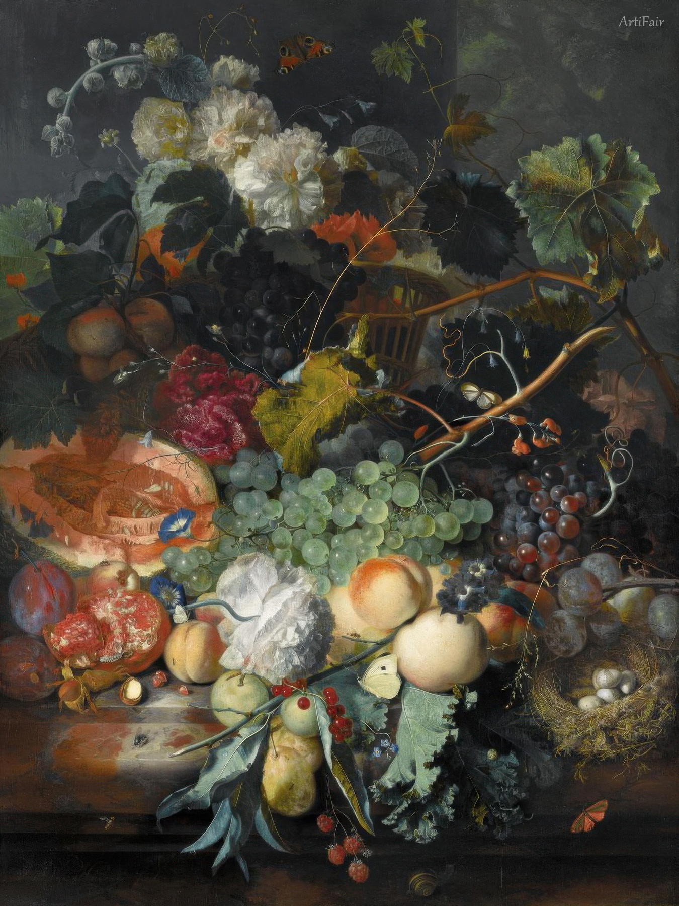Still Life of Fruit upon a Marble Ledge, a Bird's Nest to the Right and a Basket of Flowers Above, Insects Throughout