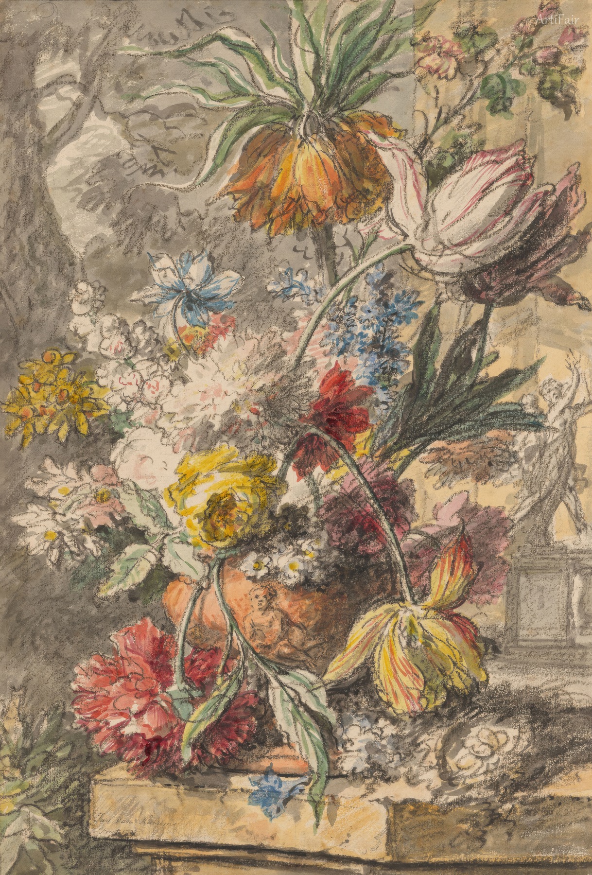 Flowers in an Urn and Bird's Nest on a Stone Plinth