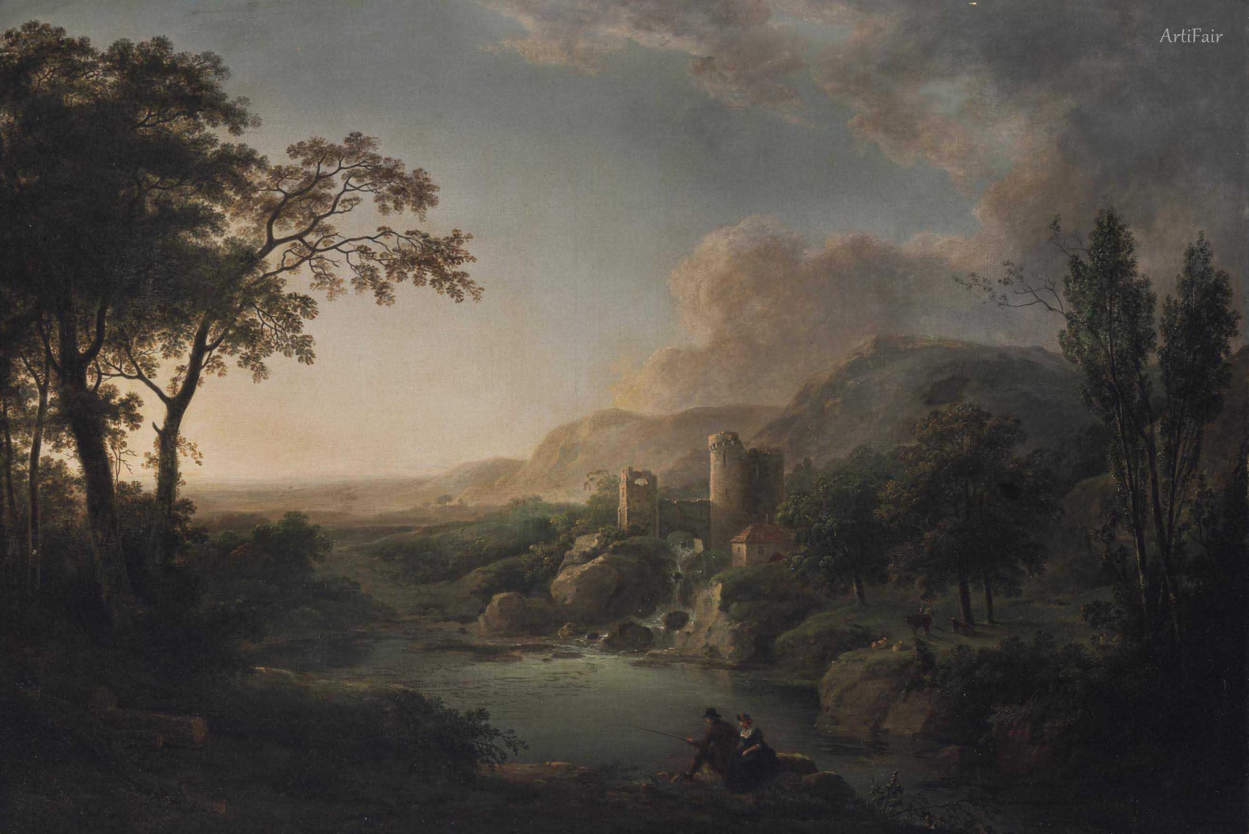 Mountainous Landscape with Fishermen and Castle Ruins