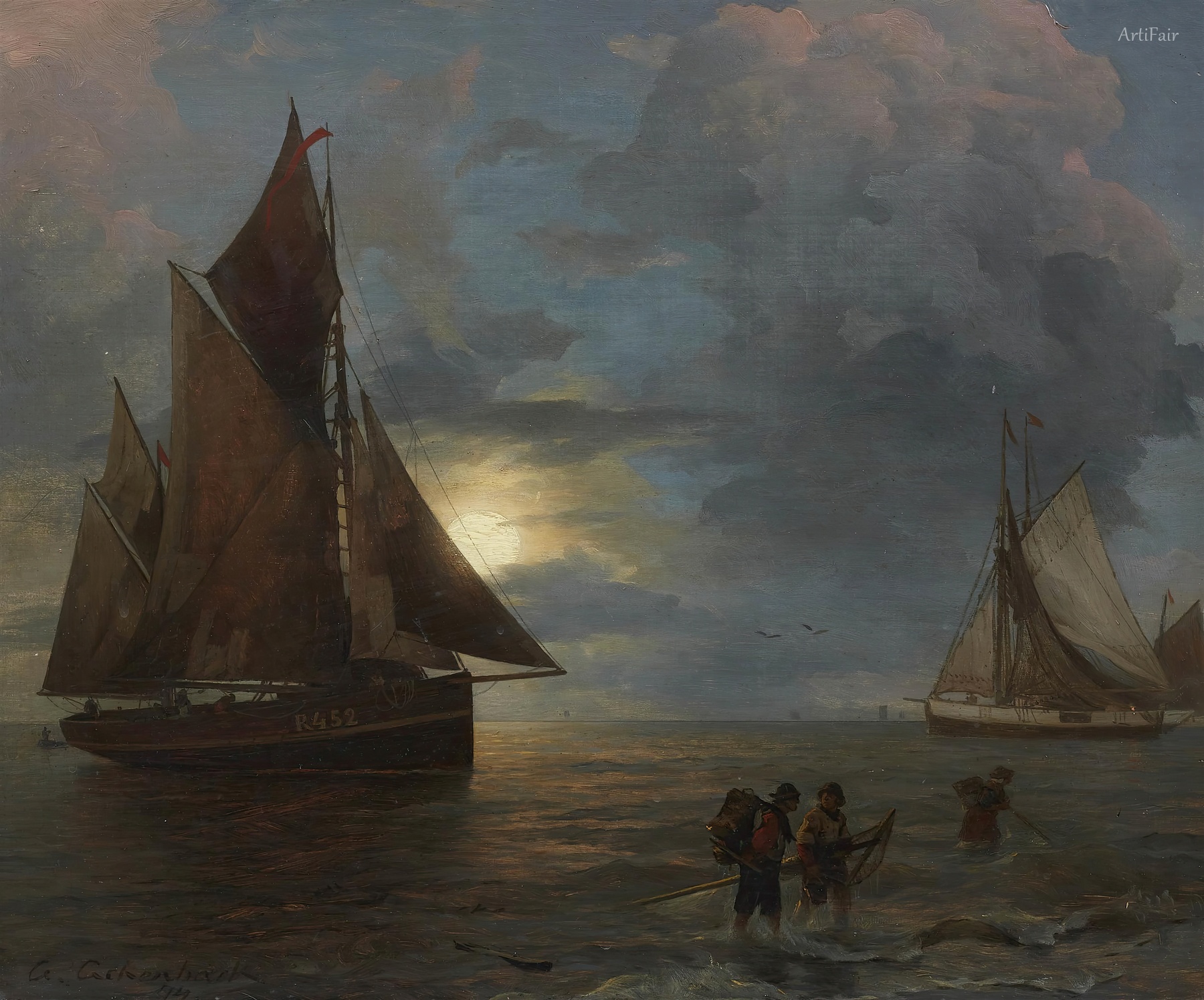 Moonlit Coastal Landscape with Sailing Ships