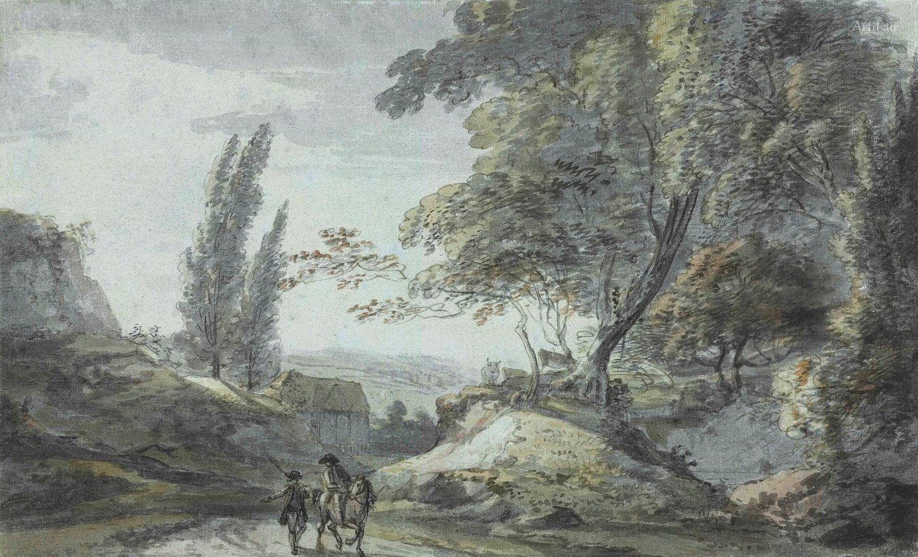 Travellers conversing on a country road in a wooded landscape