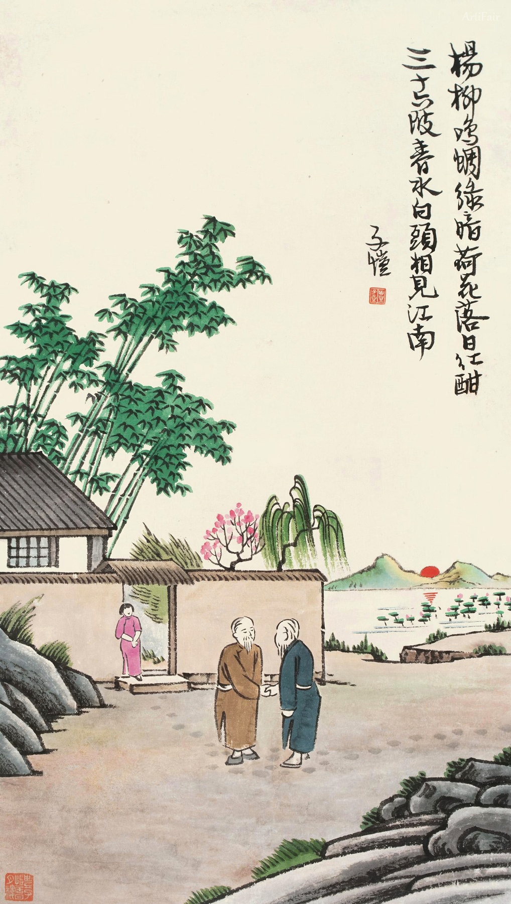 Willow Leaves Chirping, Cicadas Hidden; Lotus Flowers and Setting Sun Red