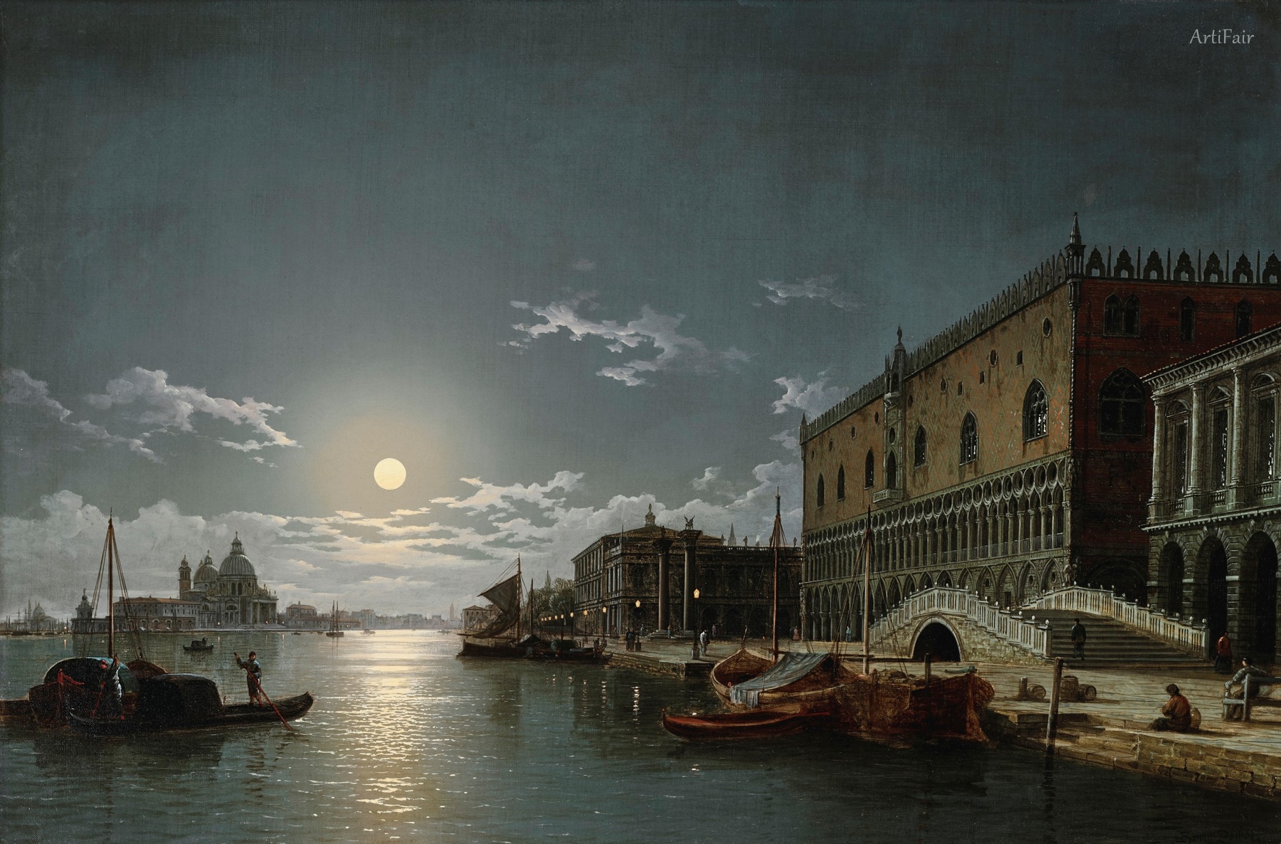 A View of the Bacino di San Marco with the Doge's Palace and the Church of Santa Maria della Salute in the Distance, by Moonlight