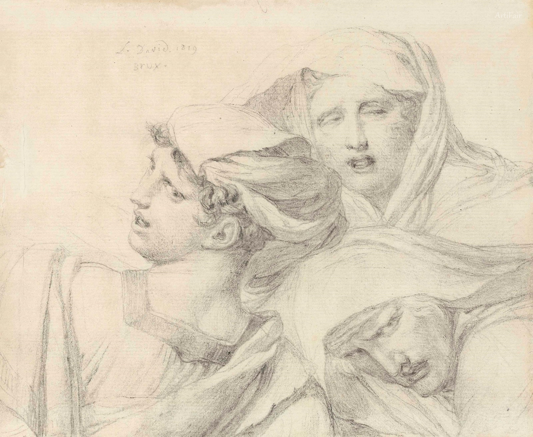 Three women in classical dress, bust length, with anguished expressions