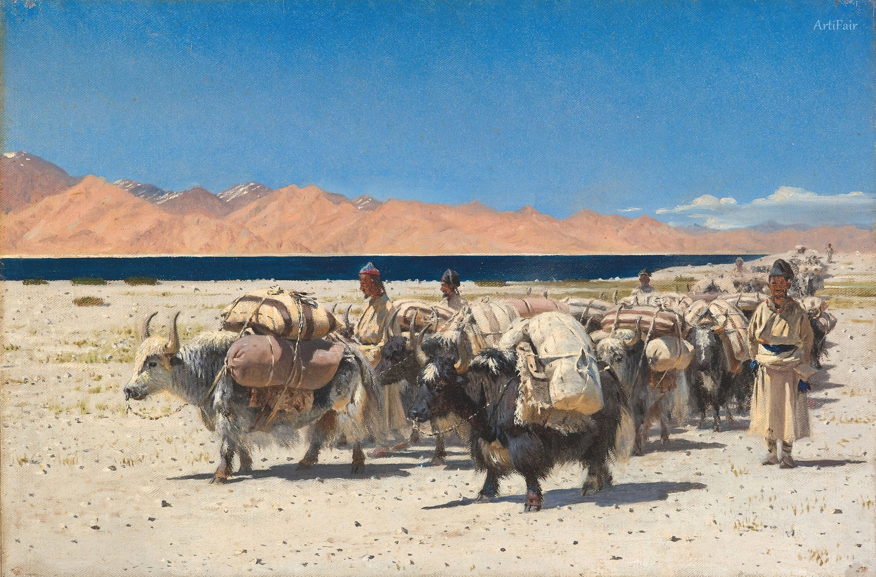 Caravan of Yaks Loaded with Salt near Tso Morari Lake, on the Border of Western Tibet