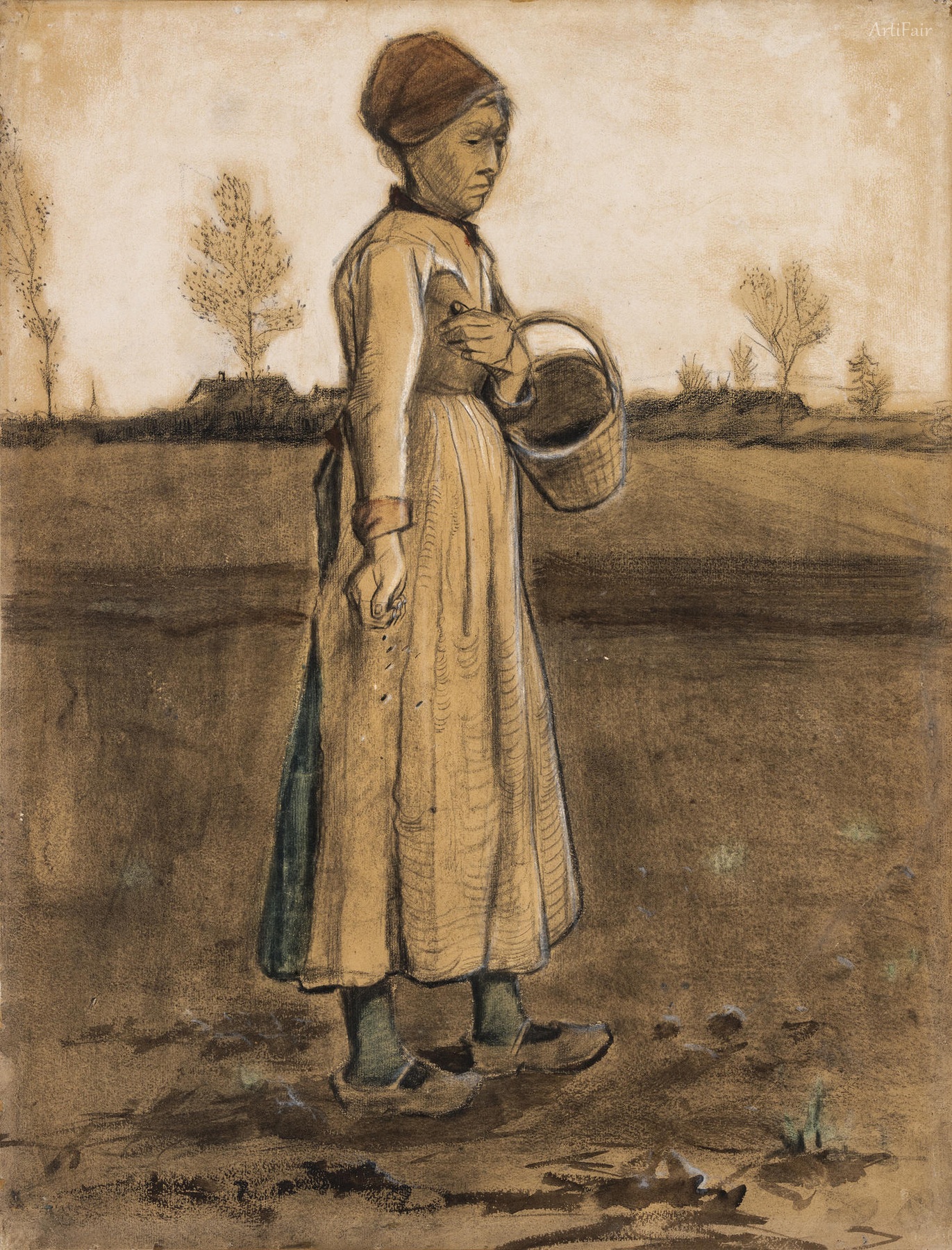 Peasant woman sowing with a basket