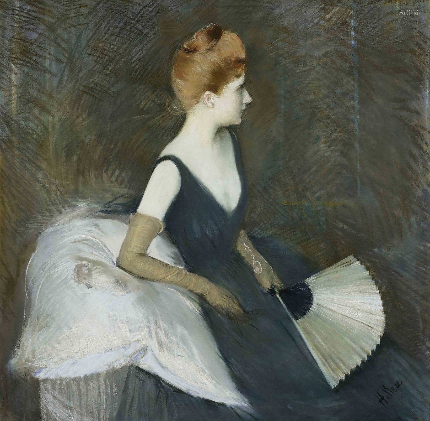 Madame Marthe Letellier sedící na pohovce, držící vějíř