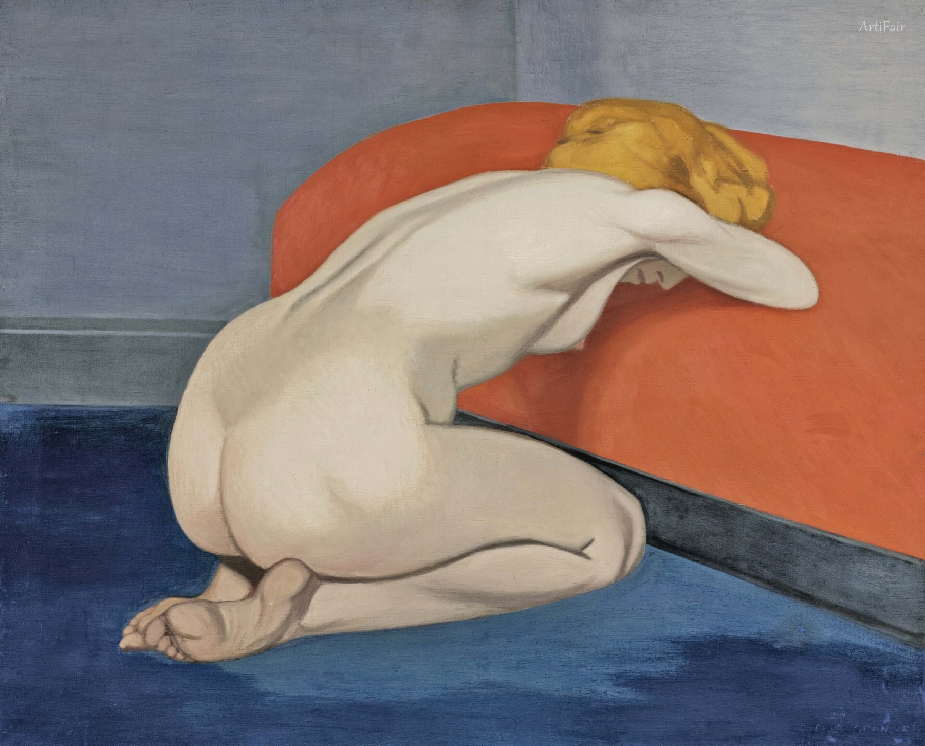 Naked Woman Kneeling in Front of a Red Couch