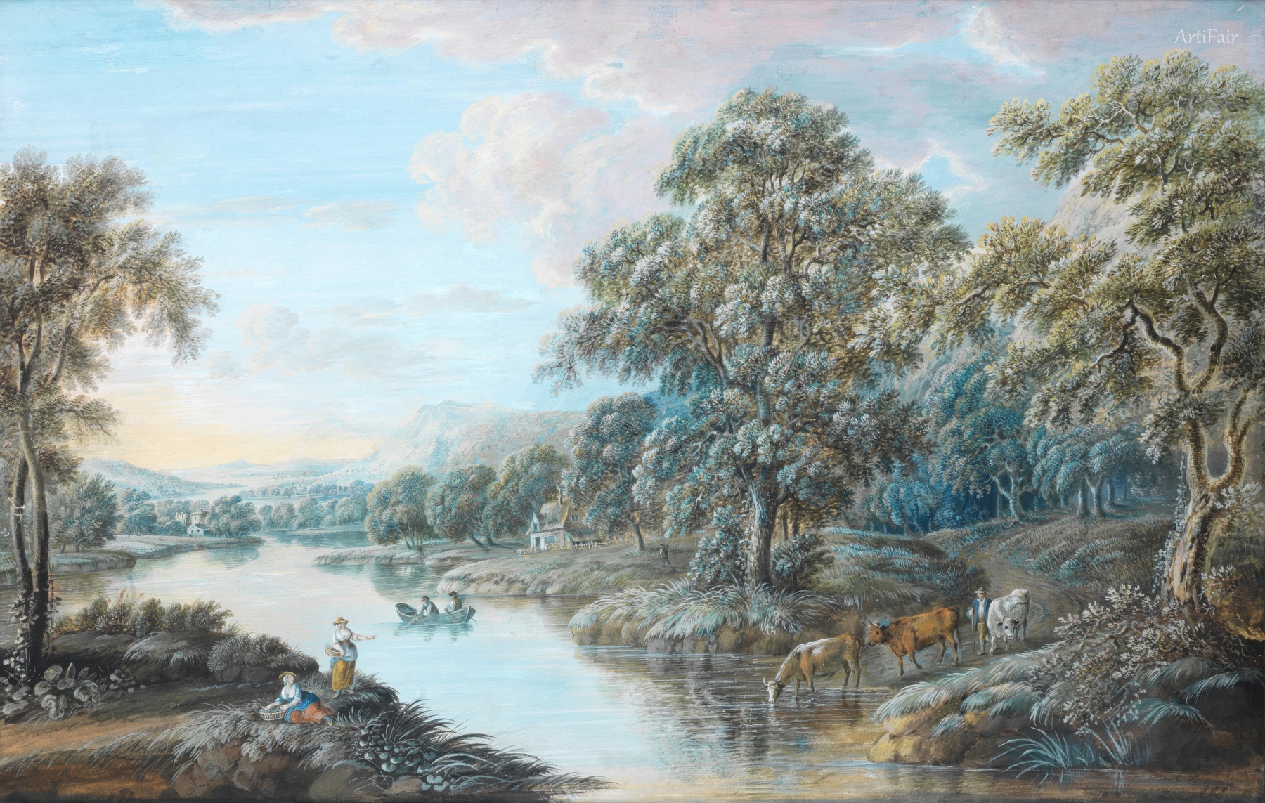 An extensive river landscape with drovers watering their cattle