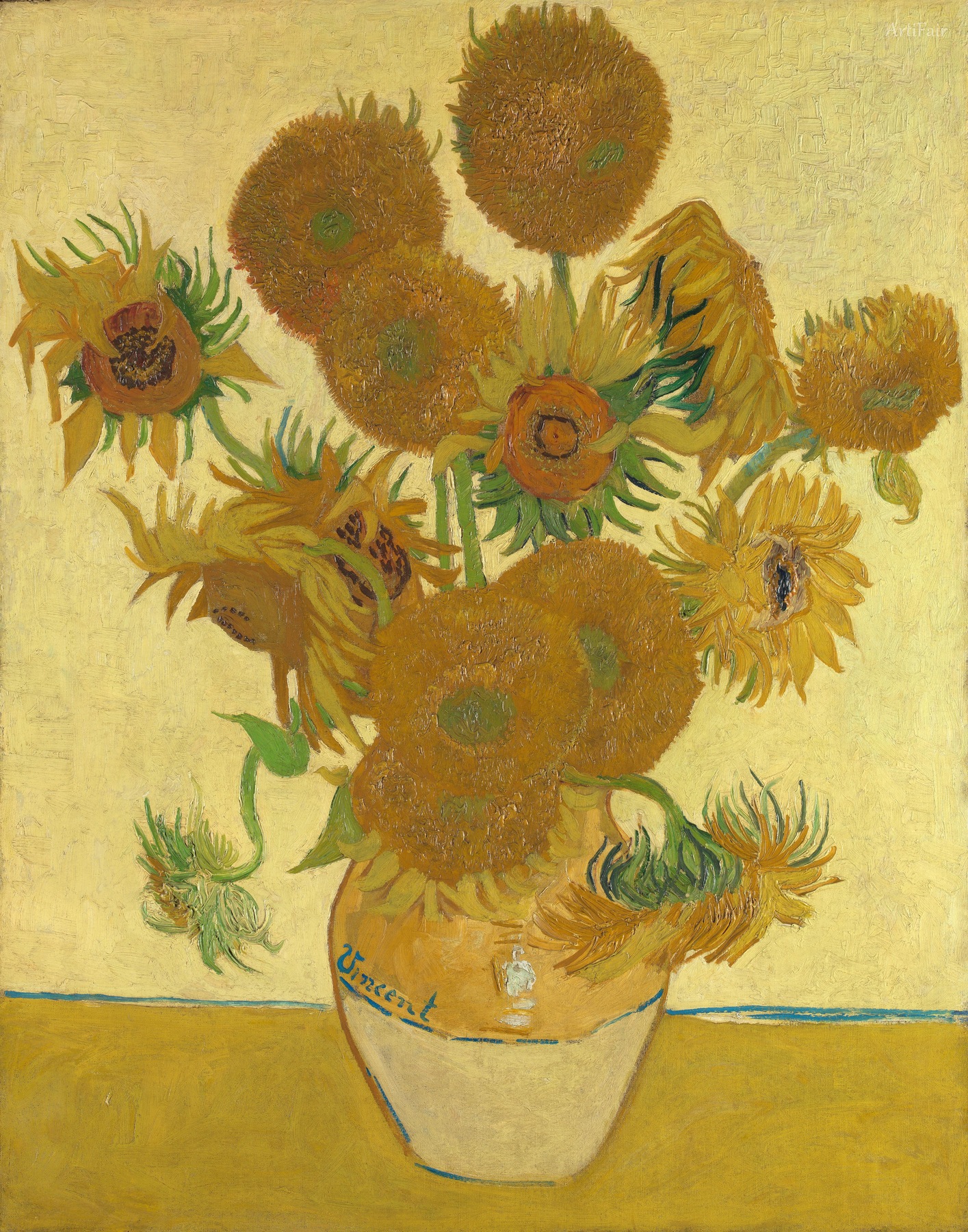 Still Life Vase with Fifteen Sunflowers