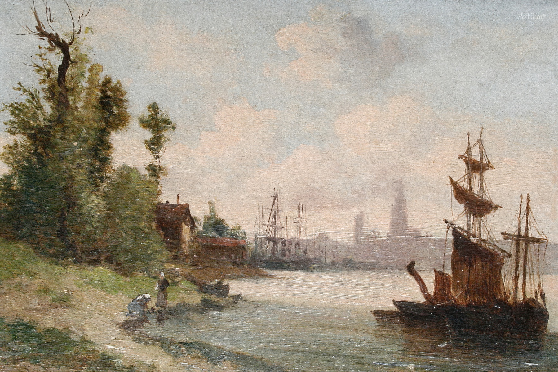 Boats at Anchor with a Town Beyond