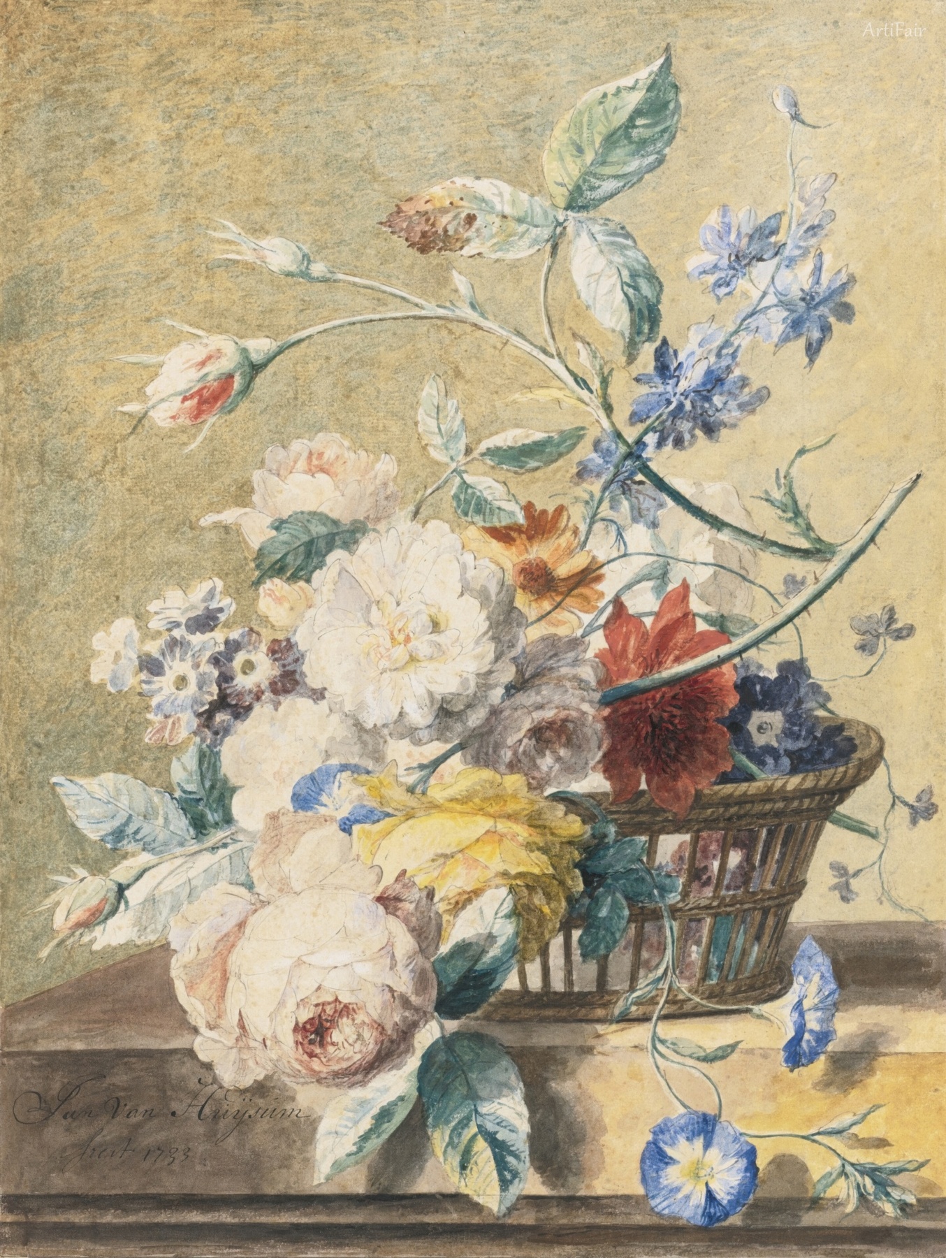 Roses and other flowers in an open-weave basket