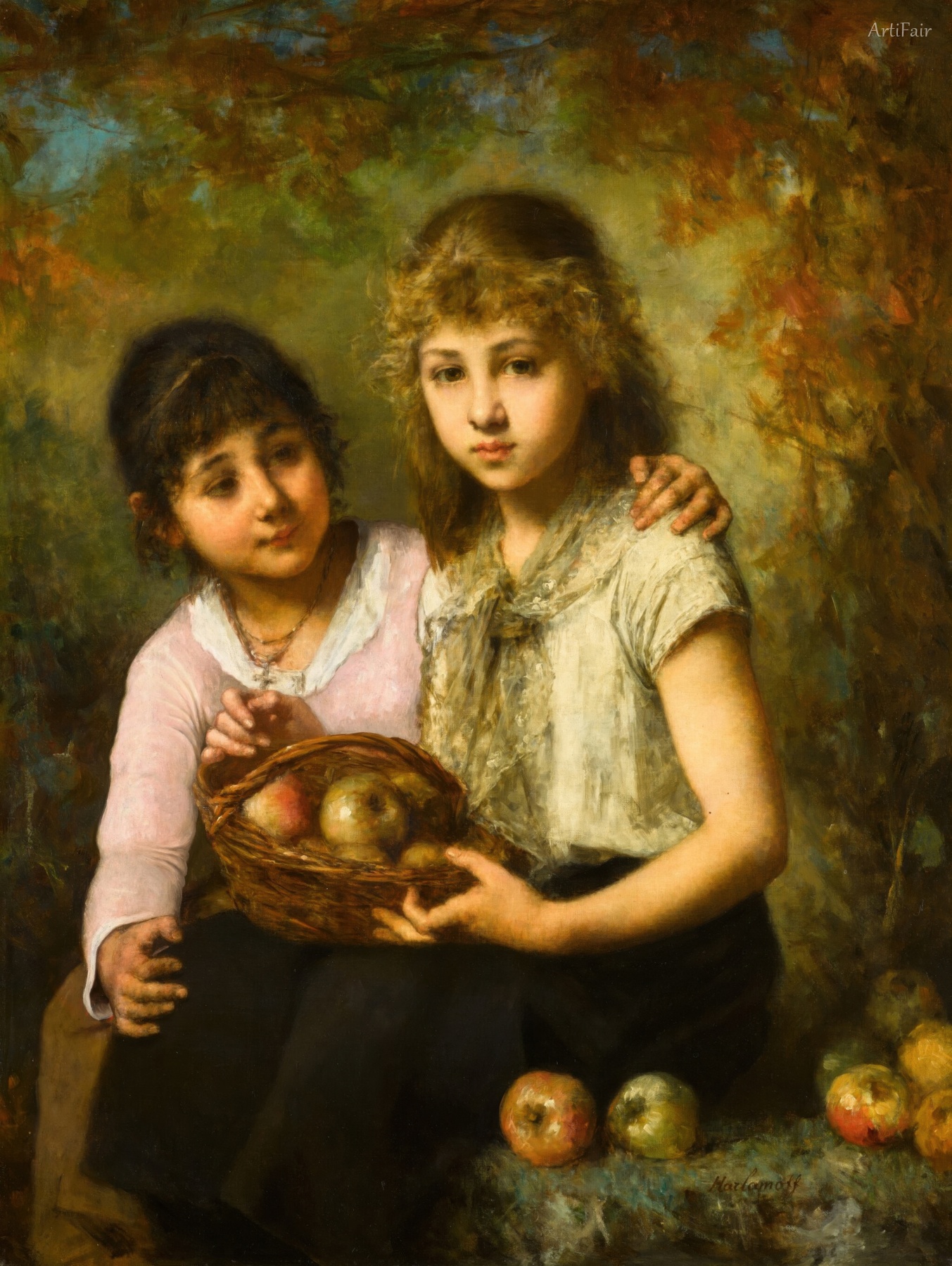 Two girls with a basket of apples