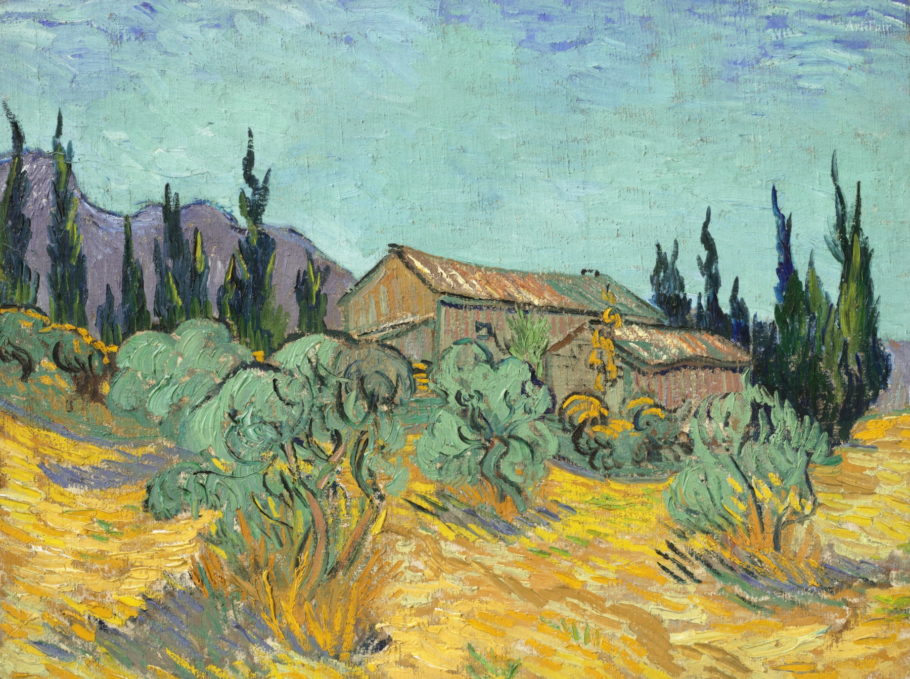 Cabanes de bois parmi les oliviers et cyprès