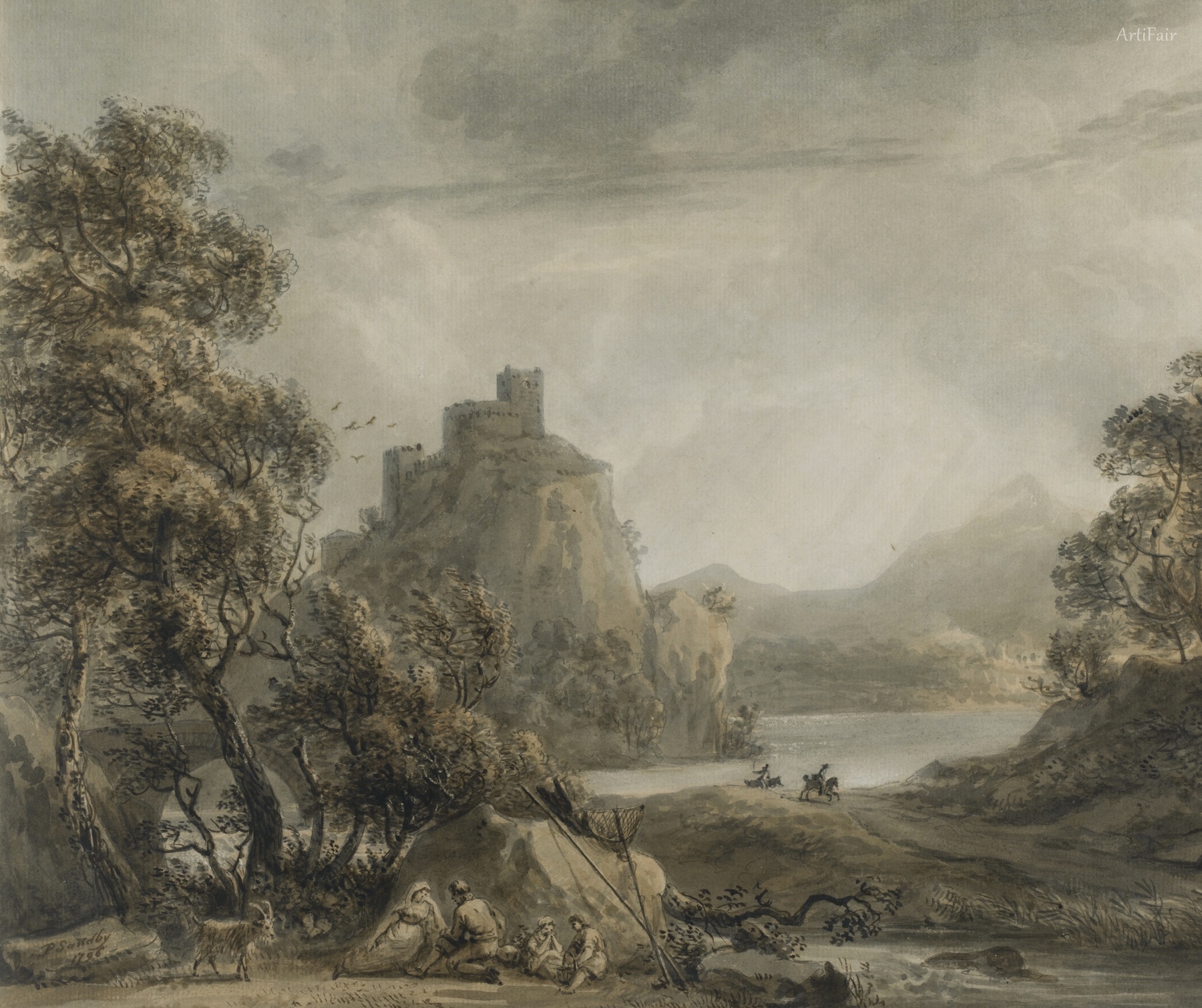 A Mountainous Landscape with a Castle and a Rustic Family in the Foreground