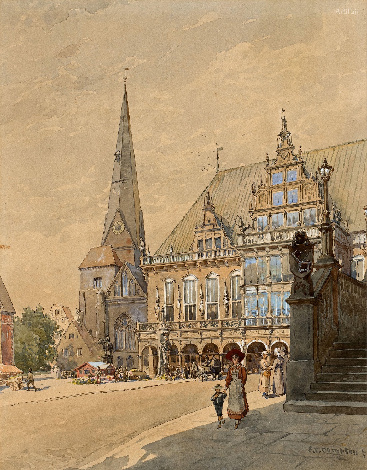 The Bremen Town Hall and Roland, in the background the Church of Our Lady
