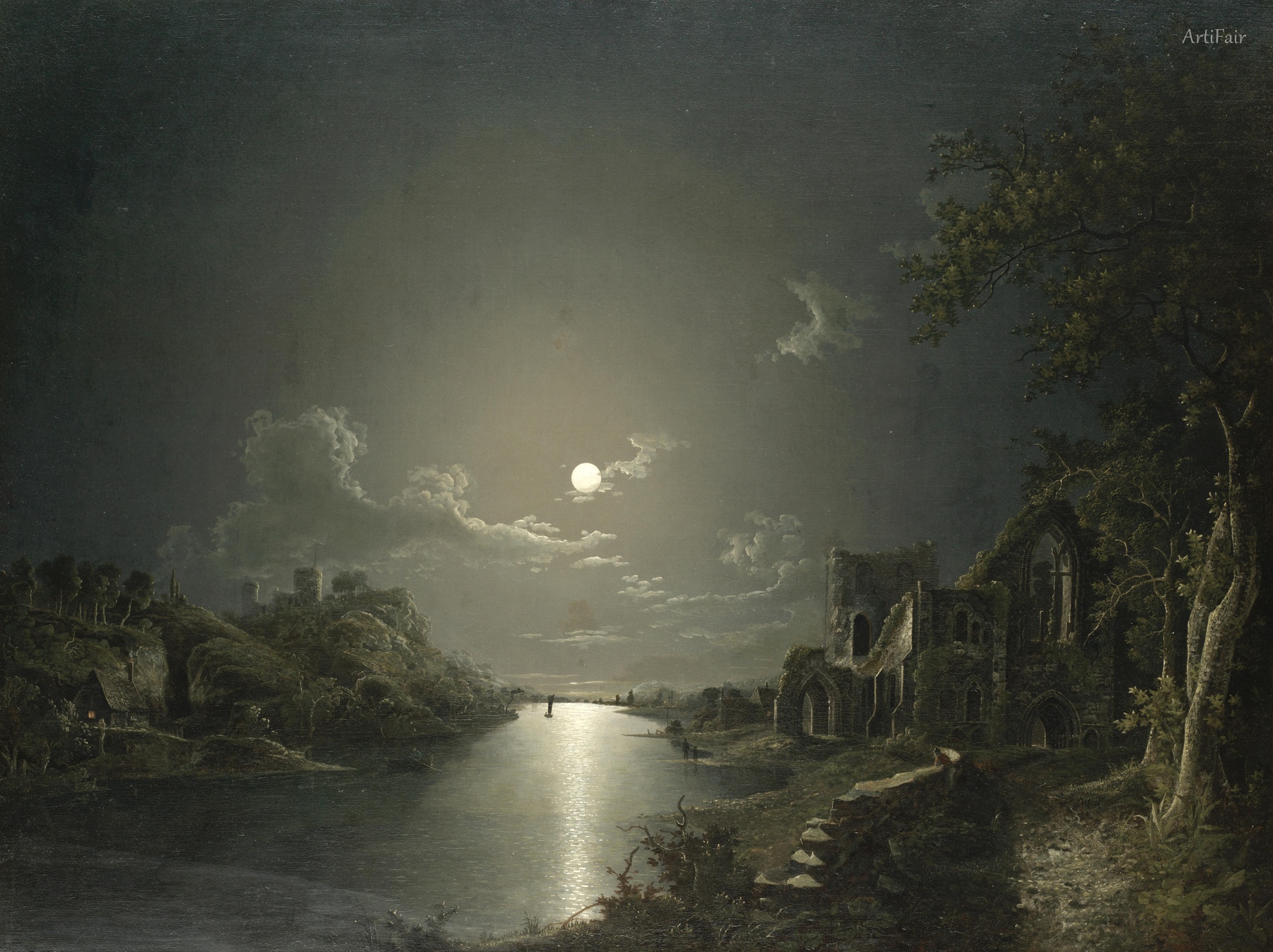 A Moonlit River Scene with Church Ruins