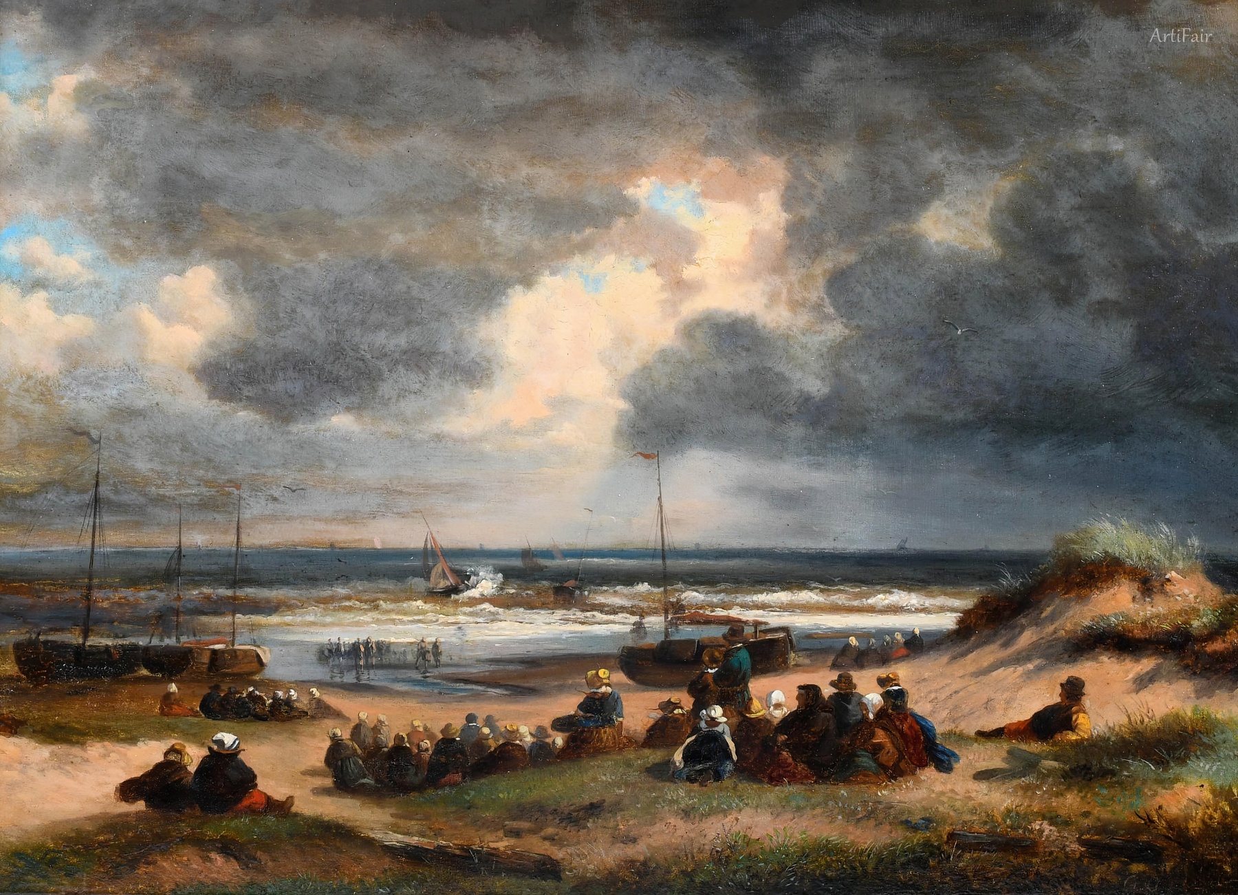 Docked Fishing Boats and Figures on the Coast