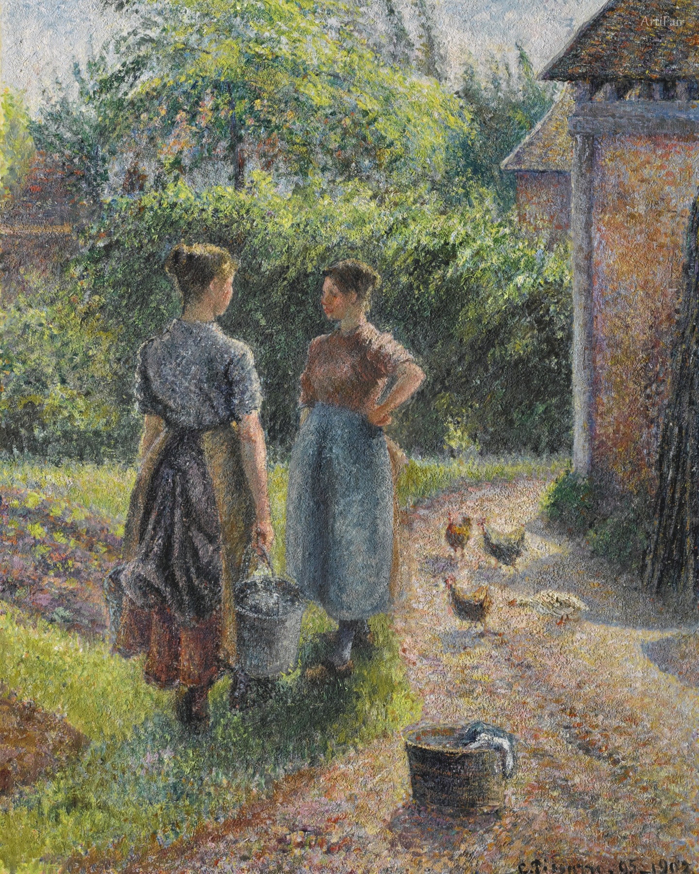 Peasant Women Chatting in a Farmyard, Eragny