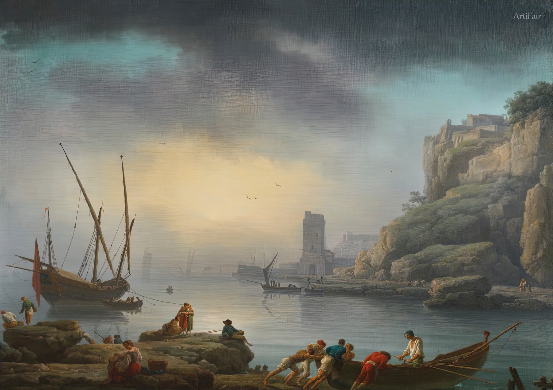 Italian harbor scene in fog, with fishermen