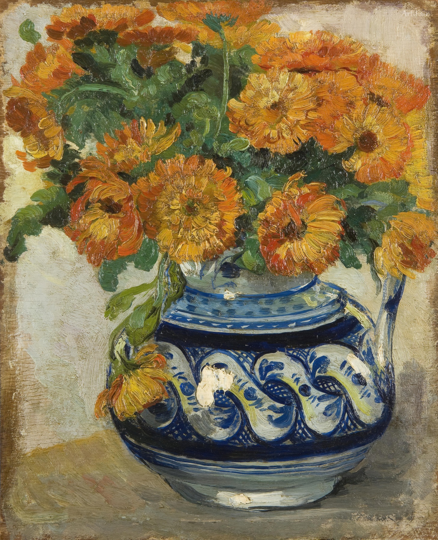 Still life of marigolds in a Westerwald jug