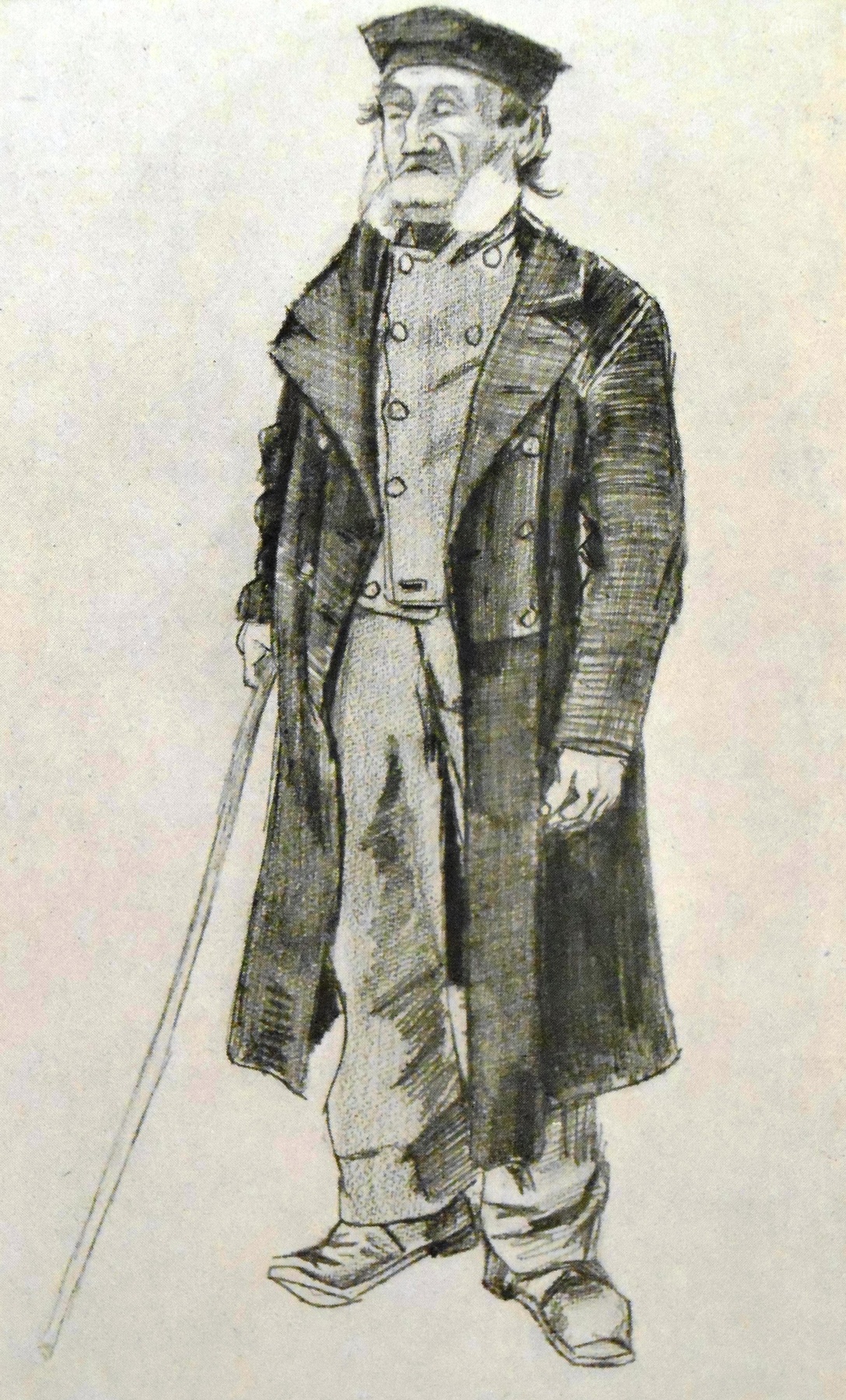 Workhouse-inmate with skull-cap and stick