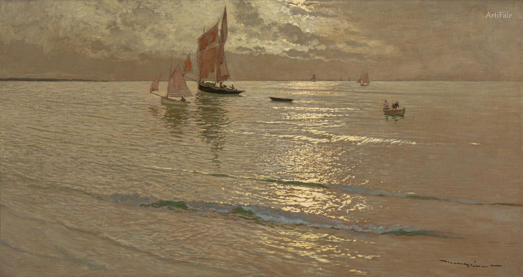 Fishing vessels off the coast in the evening