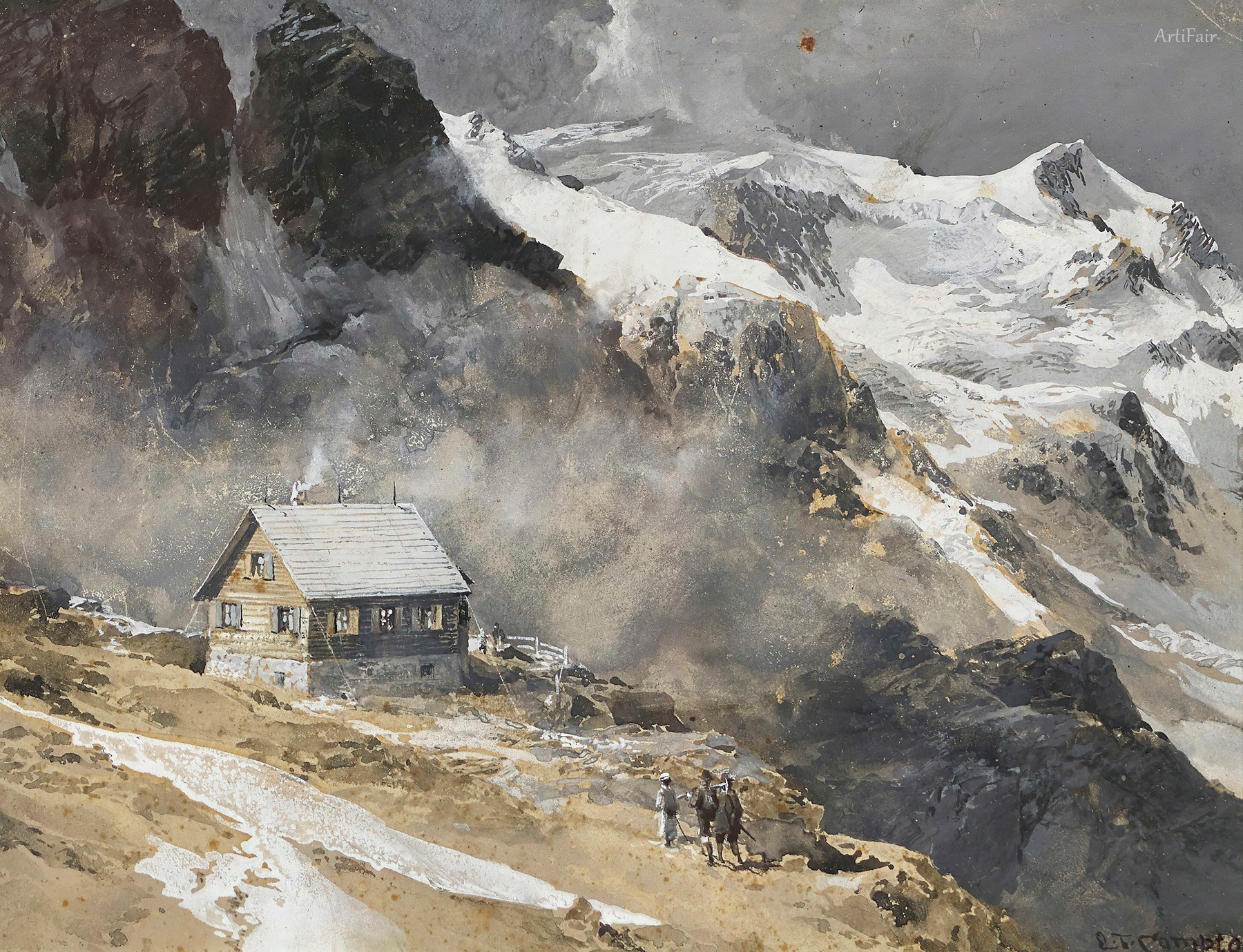 Mountaineers and Hut in the Mountains
