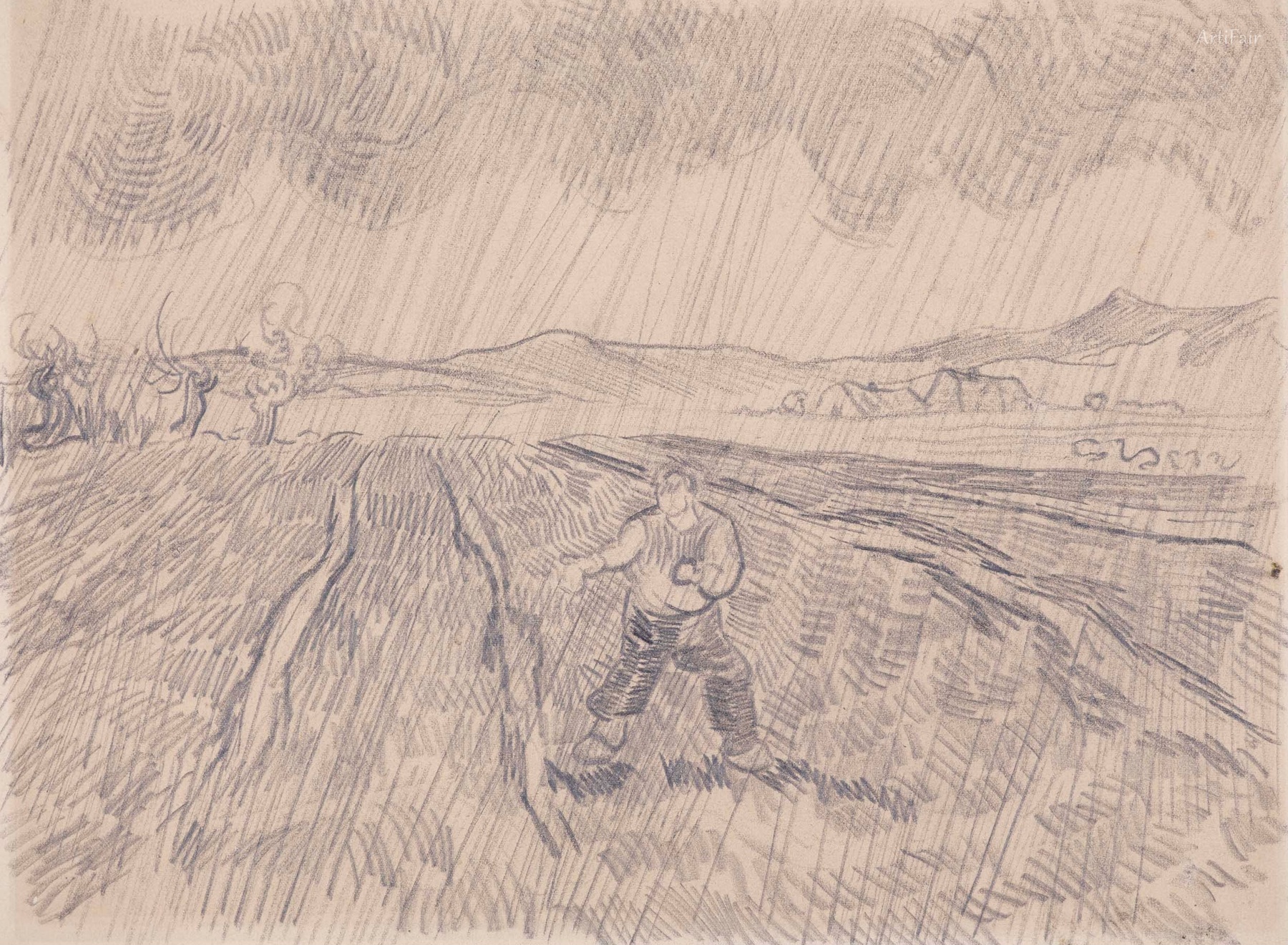 Enclosed field with a sower in the rain
