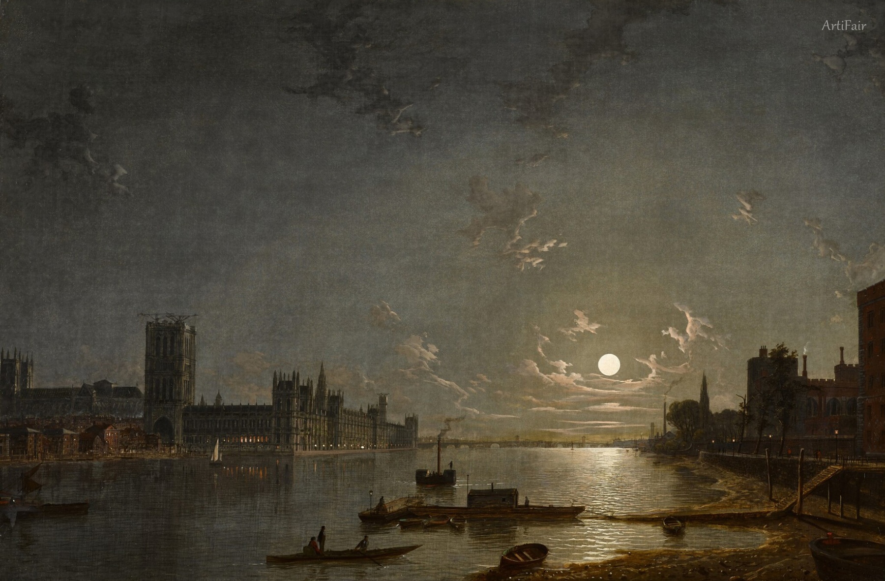 London, a View of the Thames with the New Palace of Westminster under Construction - Night